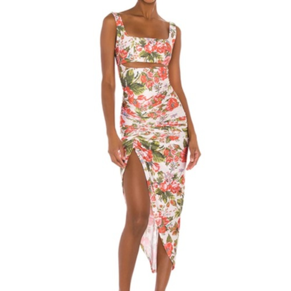 Raisa Vanessa X Revolve Dress Womens 4 Floral Cutout Ruched‎ Slit Cocktail Sexy